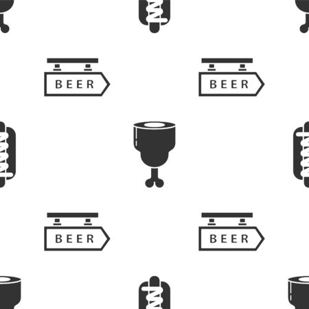 Set Hotdog sandwich with mustard, Chicken leg and Street signboard with inscription Beer on seamless pattern. Vectorのイラスト素材