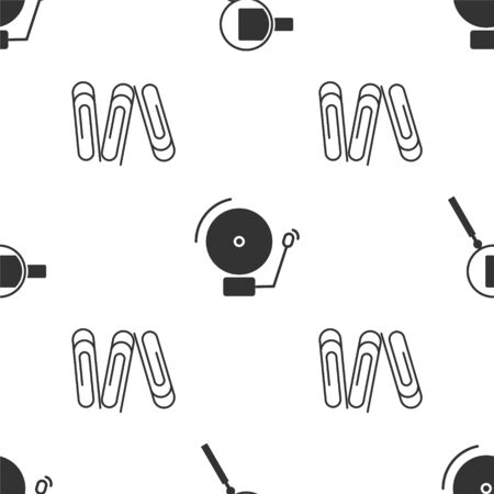 Set Magnifying glass, Ringing alarm bell and Paper clip on seamless pattern. Vectorのイラスト素材