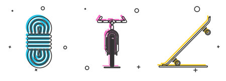 Set Climber rope, Bicycle and Skateboard icon. Vector