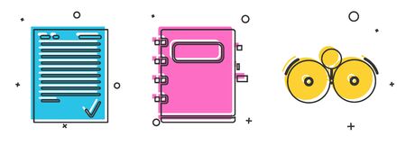 Set Exam sheet with check mark, Notebook and Ringing alarm bell icon. Vectorのイラスト素材