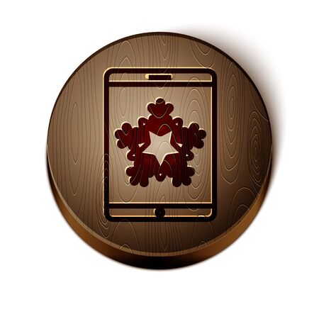 Brown line Merry Christmas on smartphone and snowflake icon isolated on white background. Happy New Year. Wooden circle button. Vector Illustrationのイラスト素材
