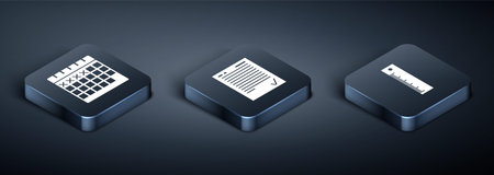 Set Isometric Calendar, Ruler and Exam sheet with check mark icon. Vector