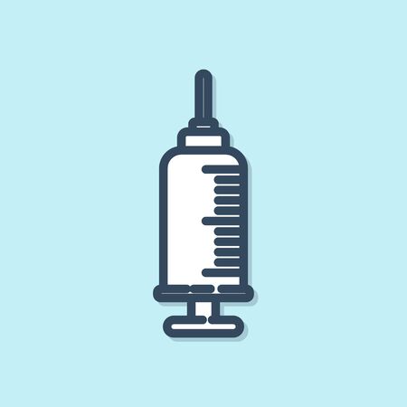 Blue line Syringe with pet vaccine icon isolated on blue background. Dog or cat paw print.  Vector Illustrationのイラスト素材