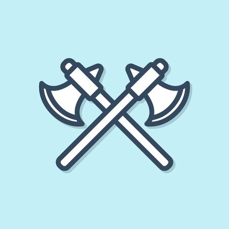 Blue line Crossed medieval axes icon isolated on blue background. Battle axe, executioner axe. Vector Illustrationのイラスト素材