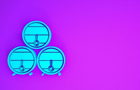 Blue Wooden barrel on rack with stopcock icon isolated on purple background. Minimalism concept. 3d illustration 3D renderの写真素材