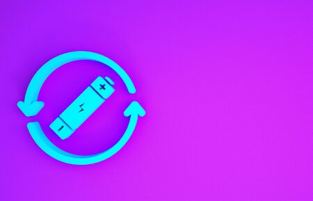 Blue Battery with recycle symbol line icon isolated on purple background. Battery with recycling symbol - renewable energy concept. Minimalism concept. 3d illustration 3D renderの写真素材