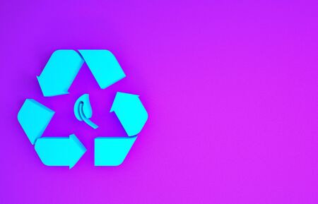 Blue Recycle symbol and leaf icon isolated on purple background. Environment recyclable go green. Minimalism concept. 3d illustration 3D renderの写真素材