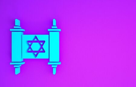 Blue Torah scroll icon isolated on purple background. Jewish Torah in expanded form. Star of David symbol. Old parchment scroll. Minimalism concept. 3d illustration 3D renderの写真素材