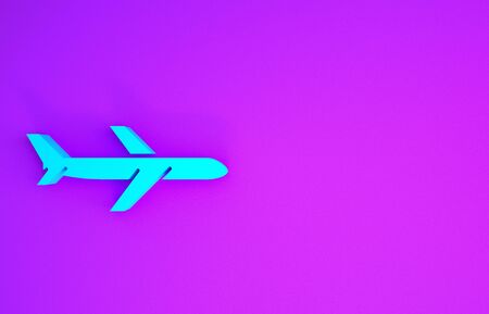 Blue Plane icon isolated on purple background. Flying airplane icon. Airliner sign. Minimalism concept. 3d illustration 3D renderの写真素材
