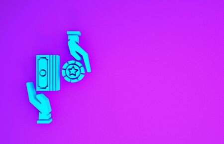 Blue Casino chips exchange on stacks of dollars icon isolated on purple background. Minimalism concept. 3d illustration 3D renderの写真素材