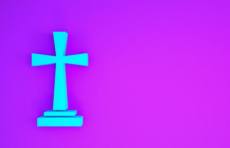 Blue Tombstone with cross icon isolated on purple background. Grave icon. Minimalism concept. 3d illustration 3D renderの写真素材