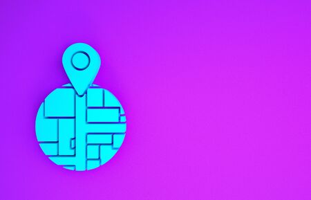 Blue Placeholder on map paper in perspective icon isolated on purple background. Minimalism concept. 3d illustration 3D renderの写真素材
