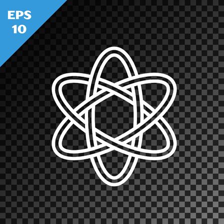 White line Atom icon isolated on transparent dark background. Symbol of science, education, nuclear physics, scientific research. Vector Illustrationのイラスト素材