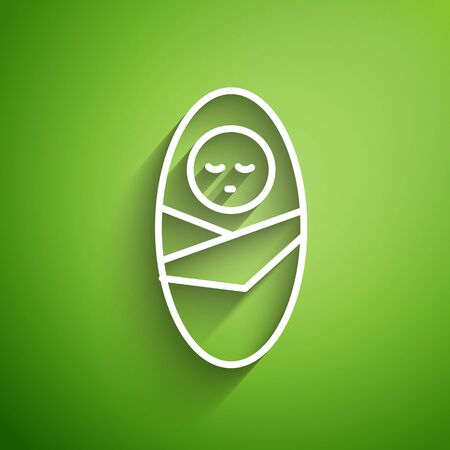 White line Newborn baby infant swaddled or swaddling icon isolated on green background. Baby kid child wrapped in blanket clothes. Vector Illustrationのイラスト素材