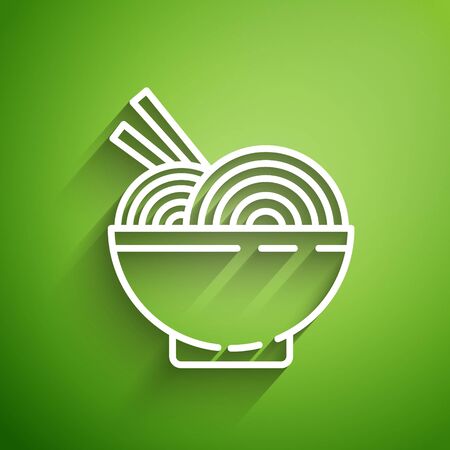 White line Asian noodles in bowl and chopsticks icon isolated on green background. Street fast food. Korean, Japanese, Chinese food. Vector Illustrationのイラスト素材