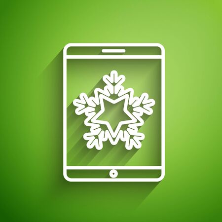 White line Merry Christmas on smartphone and snowflake icon isolated on green background. Happy New Year. Vector Illustrationのイラスト素材