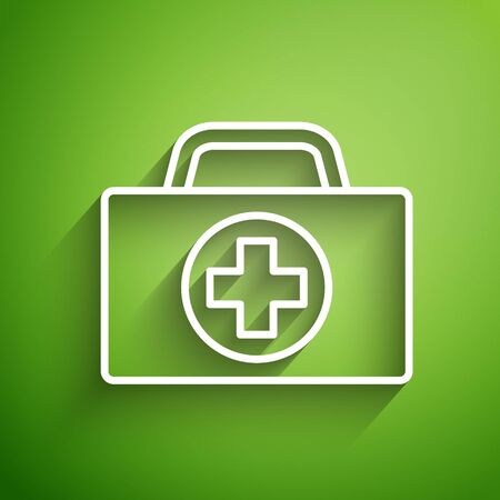 White line First aid kit icon isolated on green background. Medical box with cross. Medical equipment for emergency. Healthcare concept. Vector Illustrationのイラスト素材