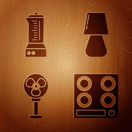 Set Gas stove , Blender , Electric fan  and Table lamp  on wooden background. Vectorのイラスト素材