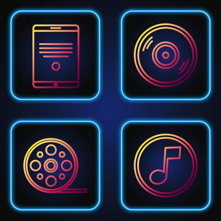 Set line Music note, tone, Film reel, Tablet and Vinyl disk. Gradient color icons. Vectorのイラスト素材