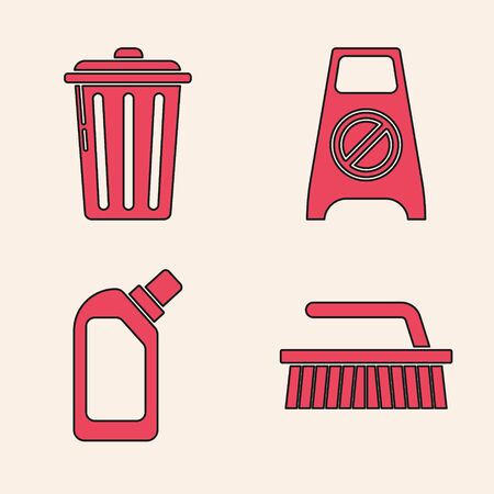 Set Brush for cleaning , Trash can , Wet floor and cleaning in progress  and Plastic bottles for liquid dishwashing liquid icon. Vectorのイラスト素材
