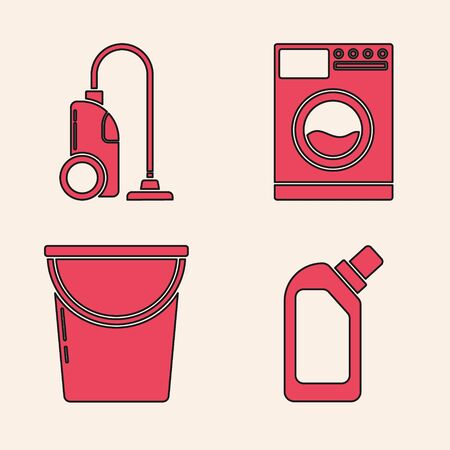 Set Plastic bottles for liquid dishwashing liquid, Vacuum cleaner , Washer  and Bucket  icon. Vectorのイラスト素材
