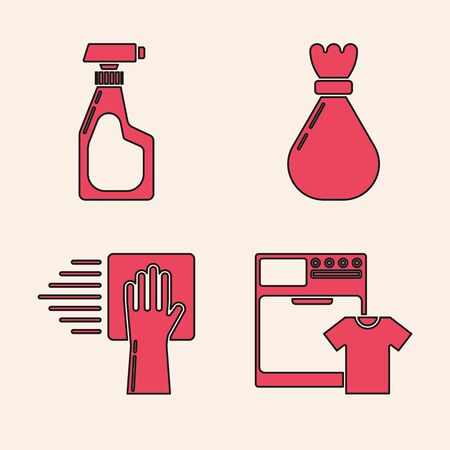 Set Washer and t-shirt , Cleaning spray bottle with detergent liquid , Garbage bag  and Cleaning service  icon. Vectorのイラスト素材