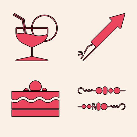 Set Grilled shish kebab, Martini glass , Firework rocket  and Cake  icon. Vectorのイラスト素材