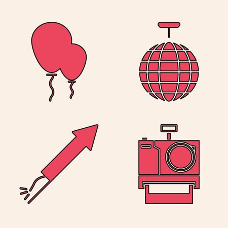 Set Photo camera , Balloons with ribbon , Disco ball  and Firework rocket  icon. Vectorのイラスト素材