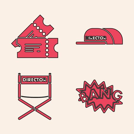 Set Bang boom text speech bubble balloon , Cinema ticket , Cap with inscription director and Director movie chair icon. Vectorのイラスト素材