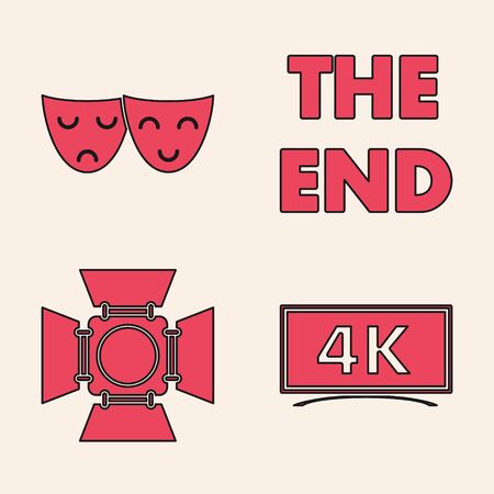 Set Screen tv with 4k Ultra HD video technology , Comedy and tragedy theatrical masks , The End handwritten inscription  and Movie spotlight  icon. Vectorのイラスト素材