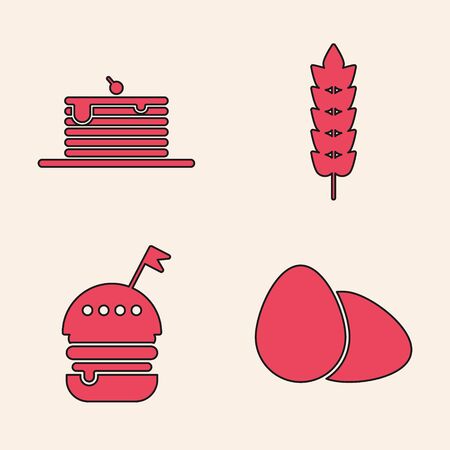 Set Chicken egg , Stack of pancakes , Cereals with rice, wheat, corn, oats, rye and Burger icon. Vectorのイラスト素材