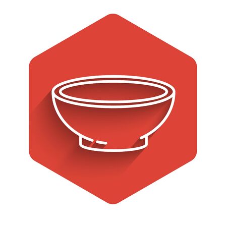 White line Bowl of hot soup icon isolated with long shadow. Red hexagon button. Vector Illustrationのイラスト素材