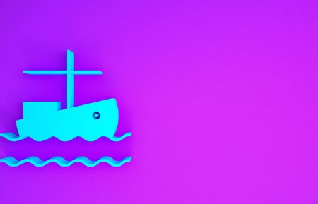 Blue Fishing boat on water icon isolated on purple background. Minimalism concept. 3d illustration 3D renderの写真素材