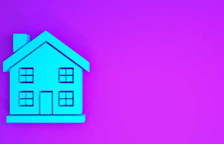 Blue House icon isolated on purple background. Home symbol. Minimalism concept. 3d illustration 3D renderの写真素材