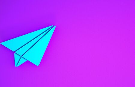 Blue Paper airplane icon isolated on purple background. Minimalism concept. 3d illustration 3D renderの写真素材