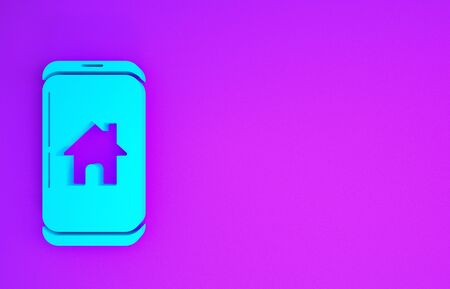 Blue Mobile phone with smart home icon isolated on purple background. Remote control. Minimalism concept. 3d illustration 3D renderの写真素材