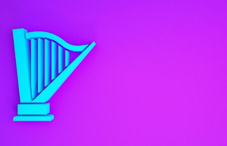 Blue Harp icon isolated on purple background. Classical music instrument, orhestra string acoustic element. Minimalism concept. 3d illustration 3D renderの写真素材