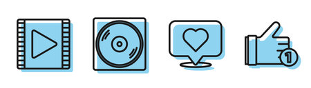 Set line Like and heart, Play Video, Vinyl disk and Hand like icon. Vector