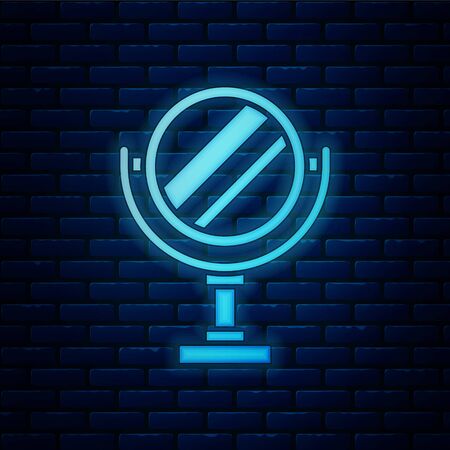 Glowing neon Round makeup mirror icon isolated on brick wall background. Vector Illustrationのイラスト素材