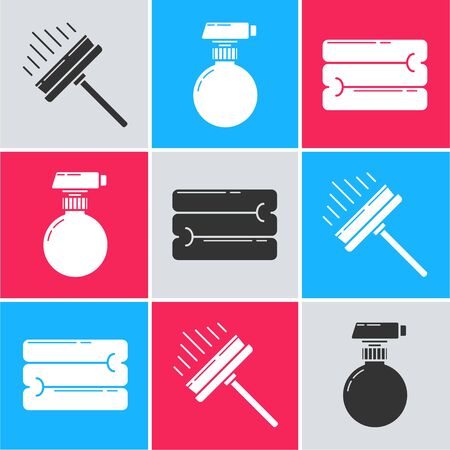 Set Squeegee, scraper, wiper, Cleaning spray bottle with detergent liquid  and Towel stack  icon. Vectorのイラスト素材