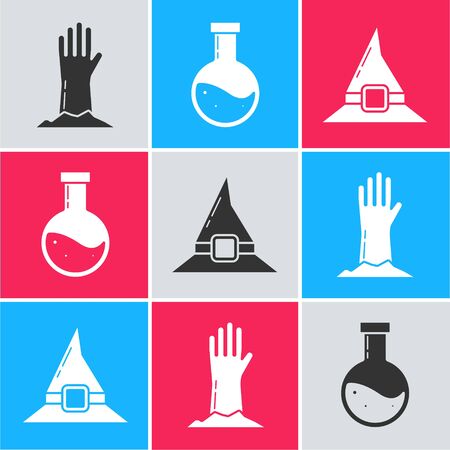 Set Zombie hand , Bottle with potion  and Witch hat  icon. Vectorのイラスト素材