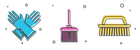 Set Rubber gloves , Handle broom  and Brush for cleaning  icon. Vectorのイラスト素材