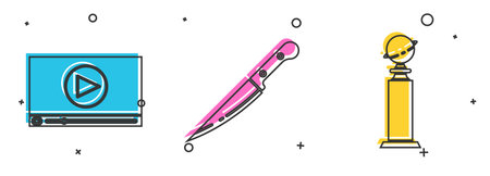 Set Online play video , Knife  and Trophy Golden Globe  icon. Vectorのイラスト素材