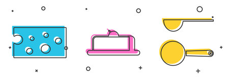 Set Cheese , Strawberry cheesecake slice and Measuring spoon icon. Vector