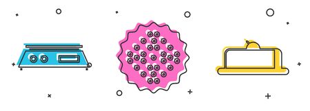 Set Electronic scales , Cracker biscuit and Strawberry cheesecake slice icon. Vectorのイラスト素材