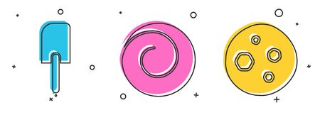 Set Spatula , Roll bun with cinnamon and Cookie or biscuit with chocolate icon. Vectorのイラスト素材