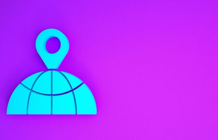 Blue Location on the globe icon isolated on purple background. World or Earth sign. Minimalism concept. 3d illustration 3D renderの写真素材