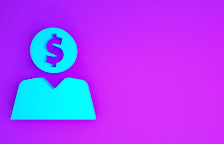 Blue Business man planning mind icon isolated on purple background. Human head with dollar. Idea to earn money. Business investment growth. Minimalism concept. 3d illustration 3D renderの写真素材