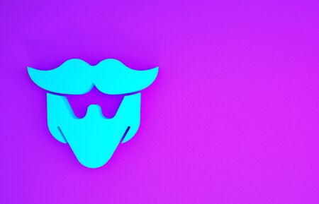 Blue Mustache and beard icon isolated on purple background. Barbershop symbol. Facial hair style. Minimalism concept. 3d illustration 3D renderの写真素材