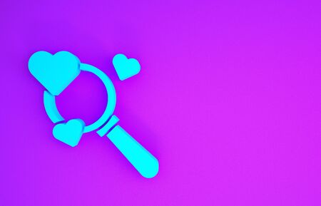 Blue Search heart and love icon isolated on purple background. Magnifying glass with heart inside. Minimalism concept. 3d illustration 3D renderの写真素材